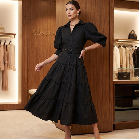 CQbyCQ Dresses & Skirts - CQbyCQ Black Puff Sleeve Tiered Shirt Dress Button Down Belted Maxi